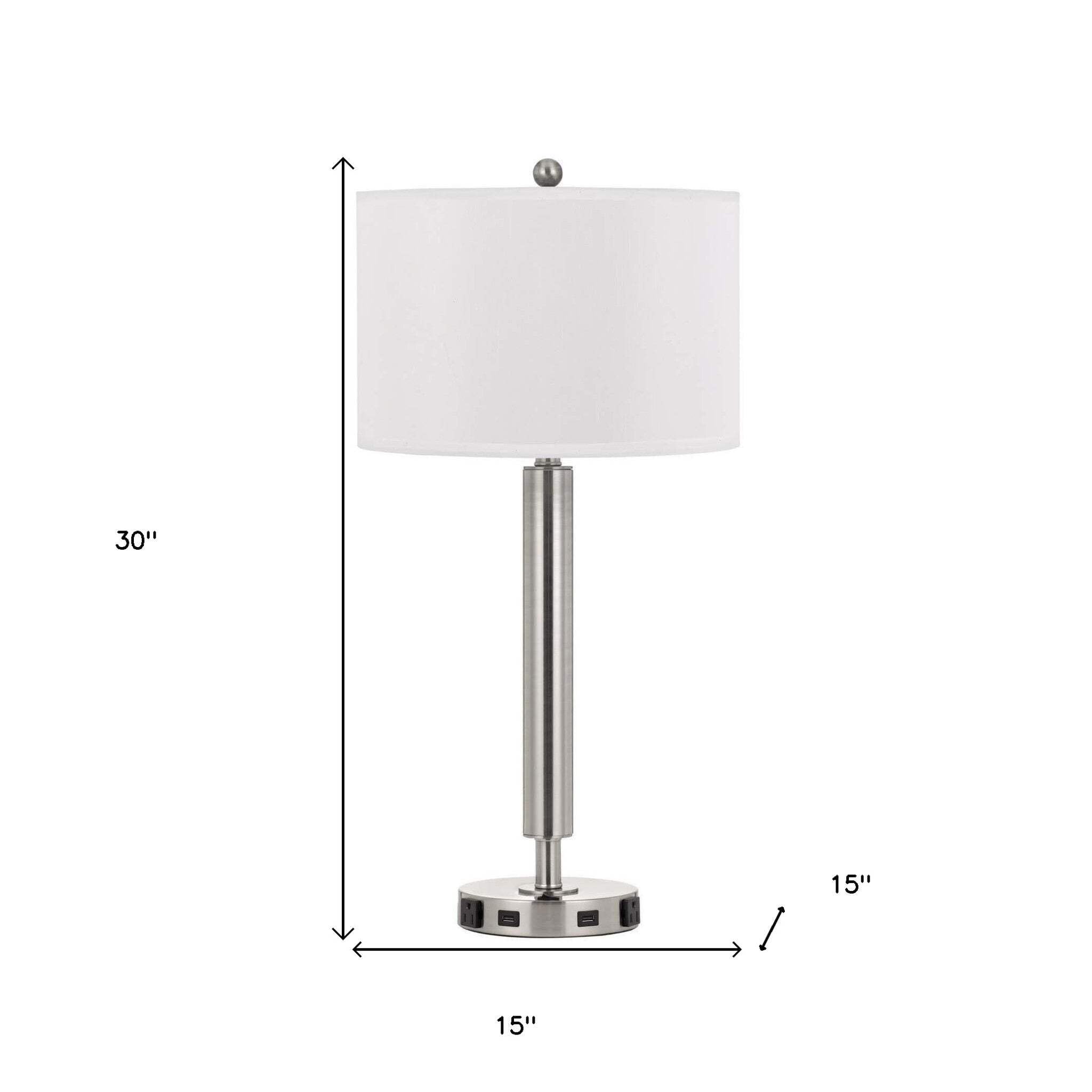 HomeRoots Metal USB Table Lamp with Drum Shade, 30 in., Nickel & White, Model 524754