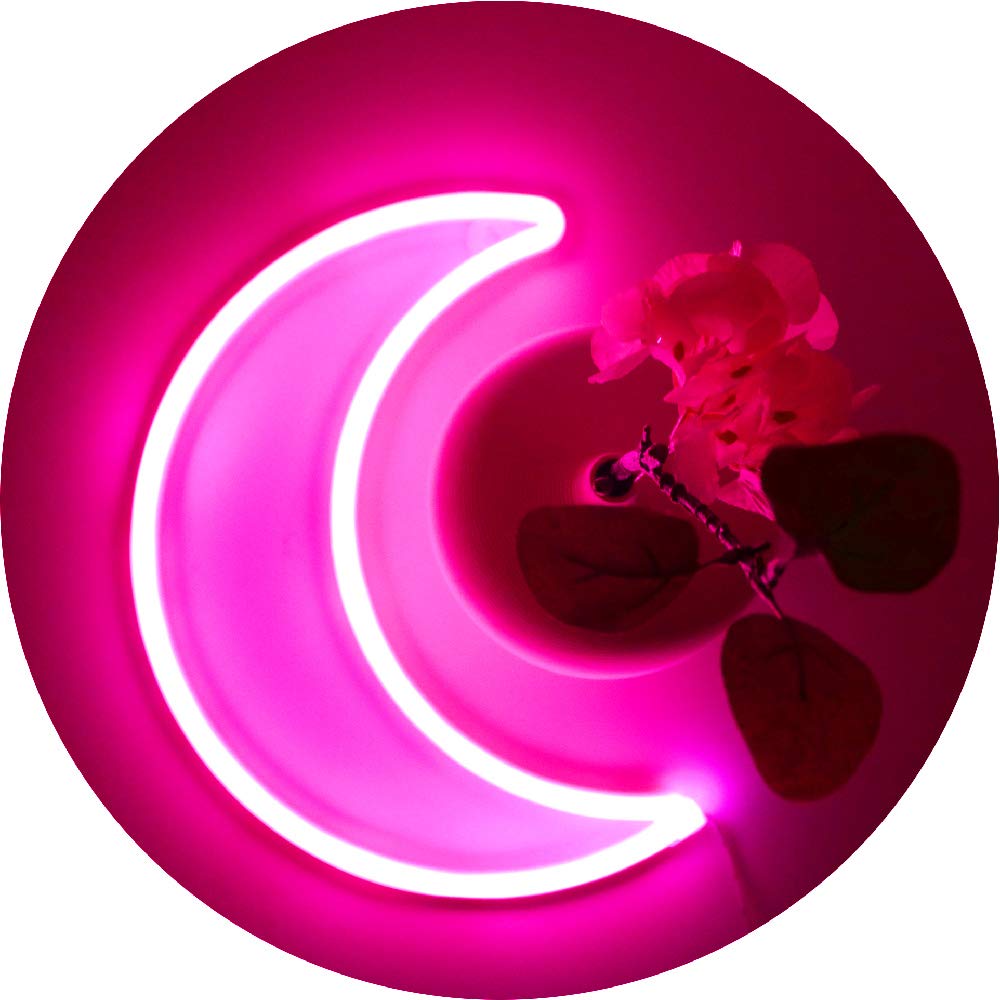 YAOZHOU LED Pink Moon Neon Light - USB/Battery Powered Decorative Light for Home, Bedroom, Office, Party - Cute Art Night Light