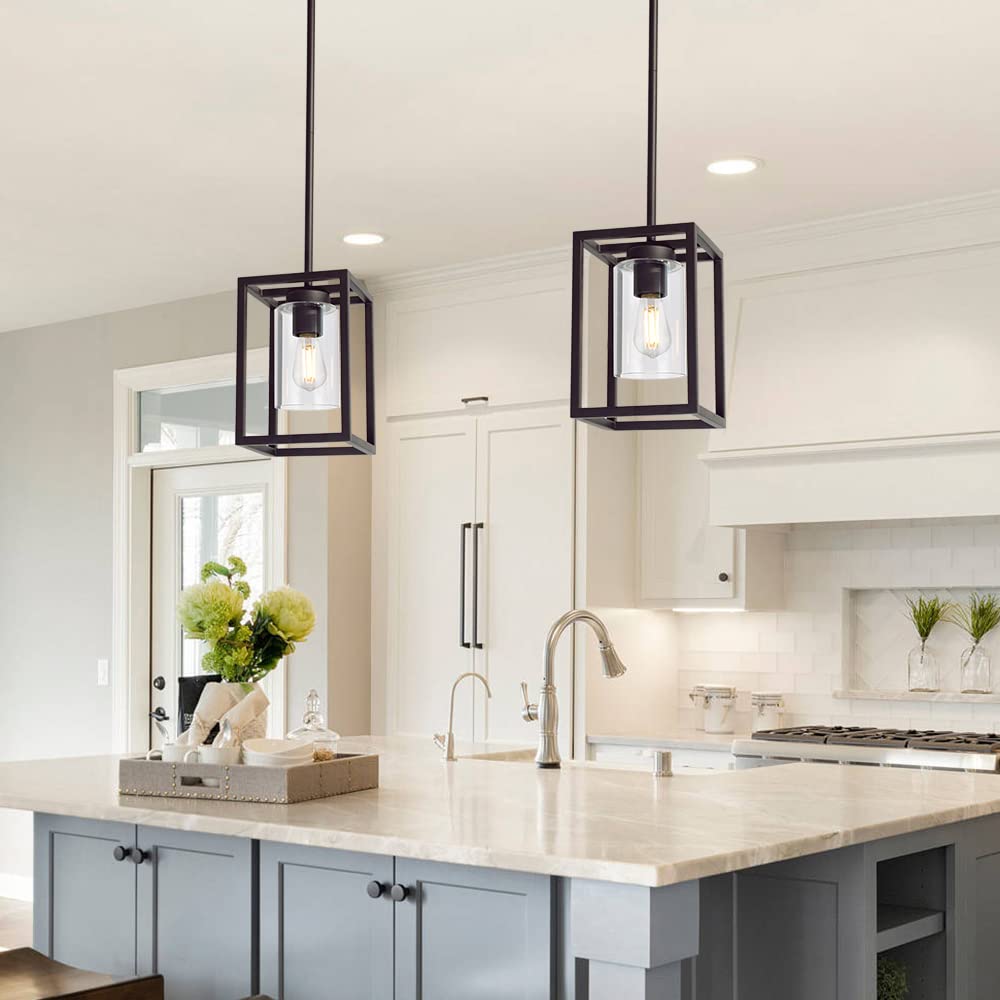 Vinluz Modern 1-Light Cage Kitchen Island Pendant Lighting With Glass Shade Oil Rubbed Bronze Chandeliers Dining Room Lighting F