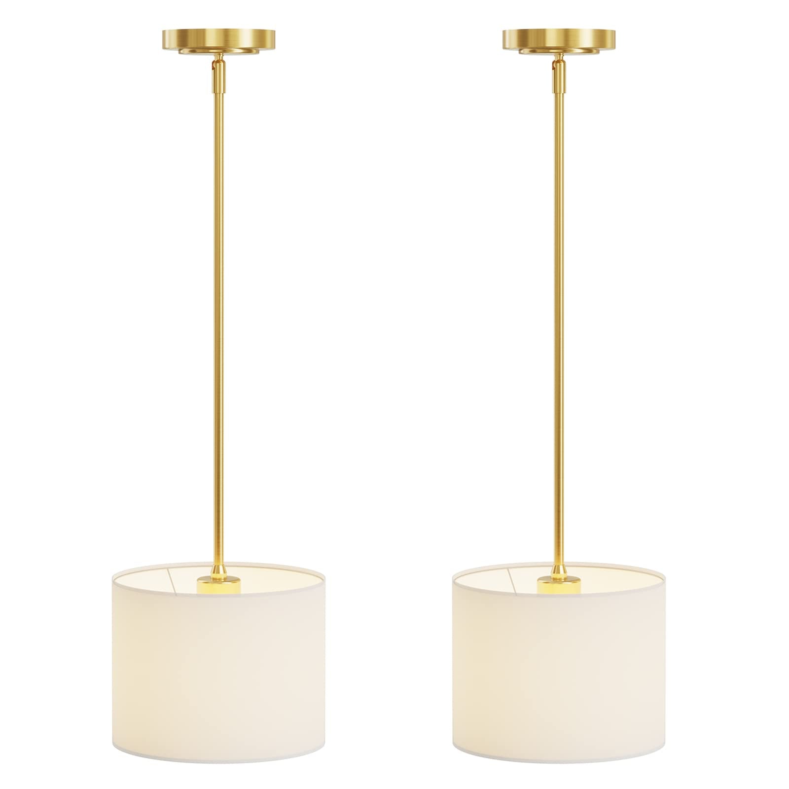 Electro Bp;9'' Dia White Linen Drum Shade Hanging Pendant Light Fixture With Polished Gold Pole Kit,E26,Hardwired,2-Pack;