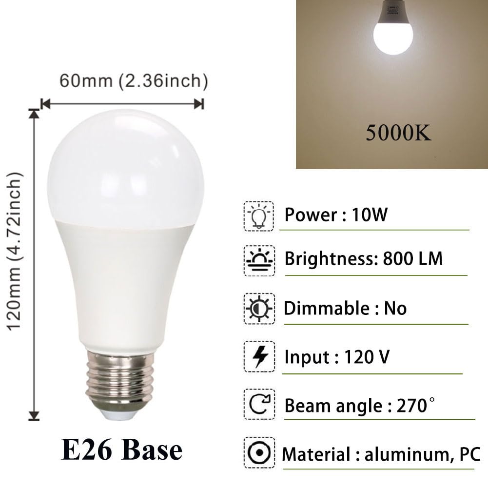 A19 Led Light Bulbs, 60 Watt Equivalent Led Bulbs, Daylight White 5000K, 800Lm Energy Efficient 10W, E26 Standard Base, Non-Dimm
