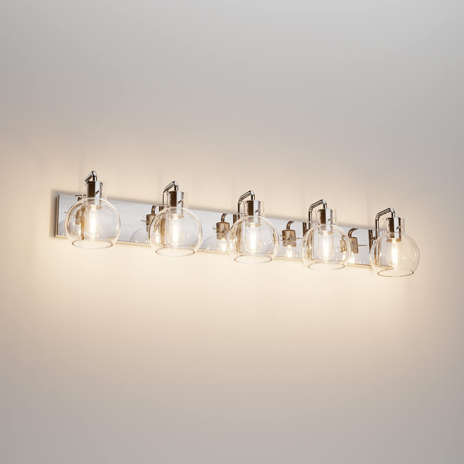 Tipace 5-Light Stainless Steel Bathroom Vanity Light Fixtures, Chrome, Modern Design, Model L-7491, with Clear Glass Shades