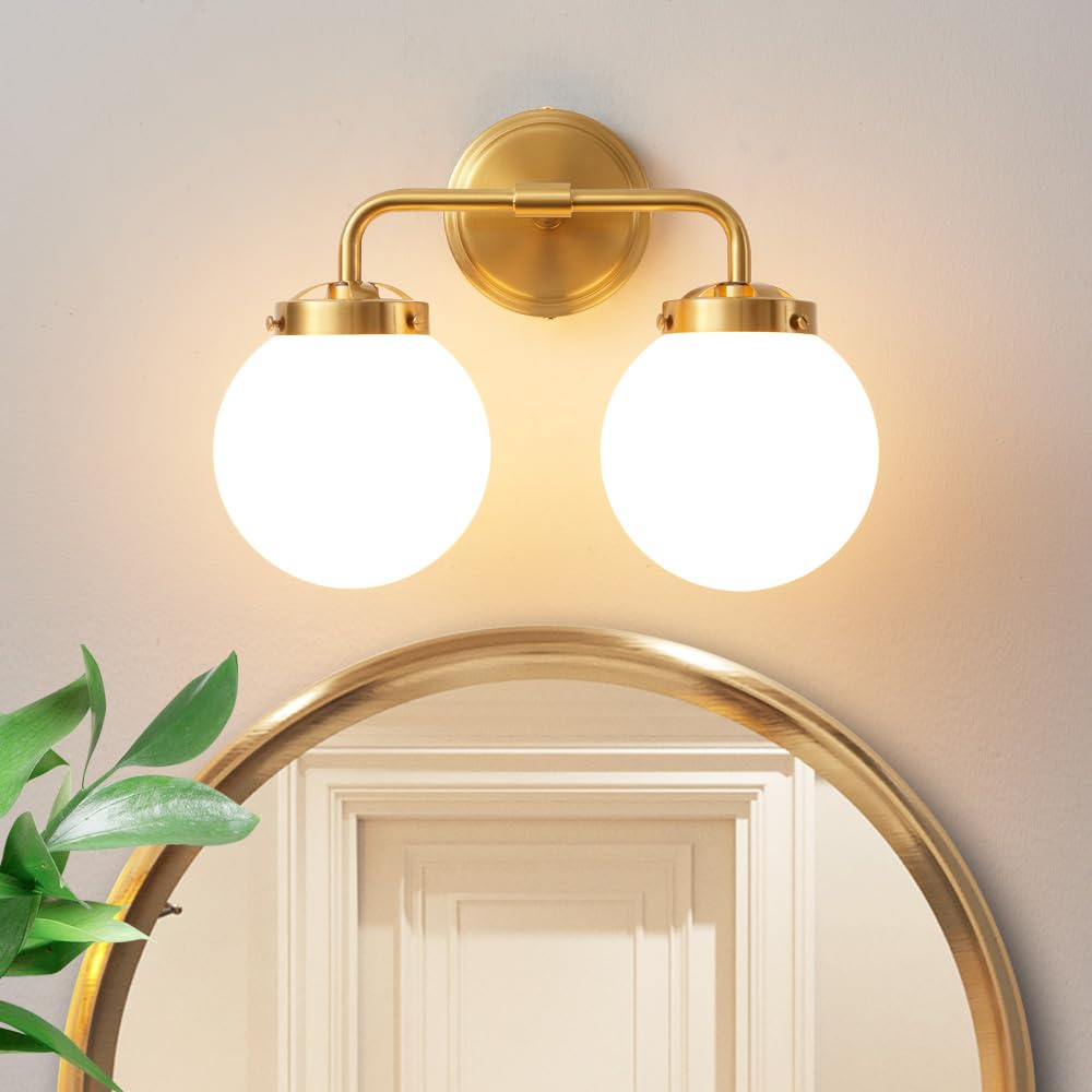 Deyidn Bathroom Vanity Light Fixtures, Modern Brass Gold, 2 Lights, Milk White Shades, Model 1758