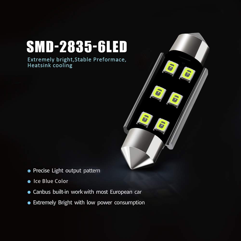AUXLIGHT Festoon LED Interior Light Bulbs, Ice Blue, 41MM, Super Bright 6SMD Chips, Pack of 6