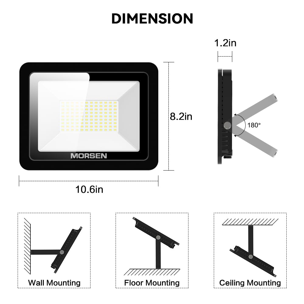 MORSEN 100W LED Flood Light - 15000LM, 5000K, IP66 Waterproof, Black, 2 Pack