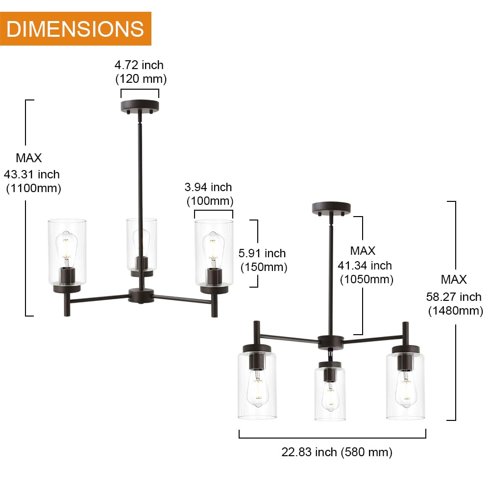 VINLUZ 3-Light Pendant Chandelier Rustic Clear Glass Shades Oil-Rubbed Bronze Adjustable Ceiling Light Model 1810-3-19