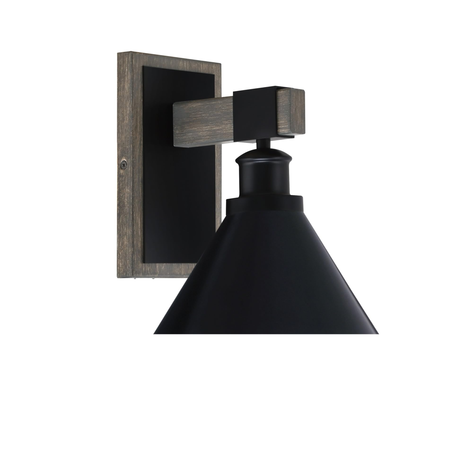Tacoma Light Wall Sconce, Matte Black & Painted Distressed Wood-Look Metal Finish, 7" Matte Black Cone Metal Shade