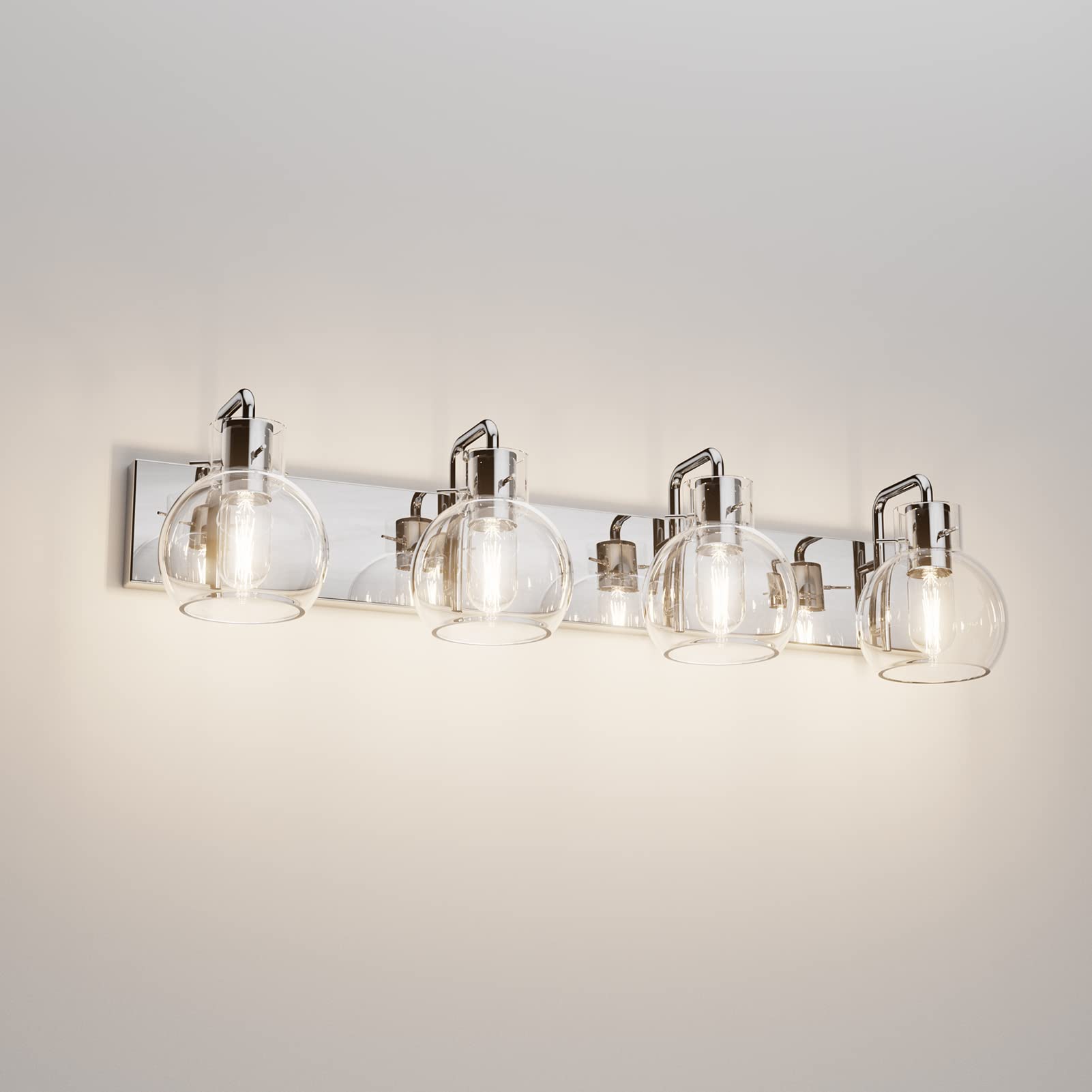 Tipace Chrome Bathroom Vanity Light Fixture, 4-Light Glass Globe, Stainless Steel, Model L-7491, Farmhouse Style
