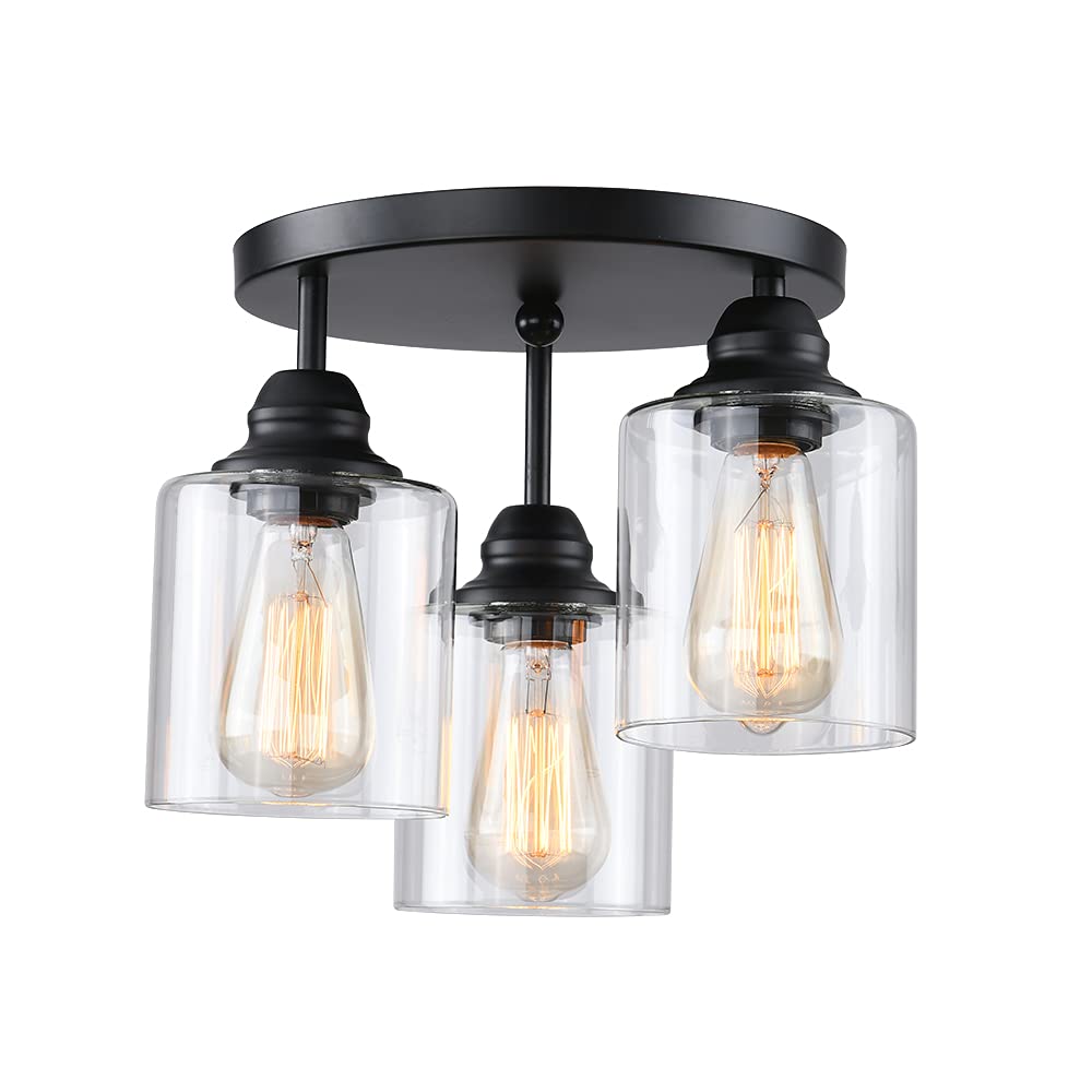 SINMILA Semi Flush Mount Ceiling Light, 3-Lights Industrial Black Fixture, Metal, 1 Pack, Clear Glass Shades