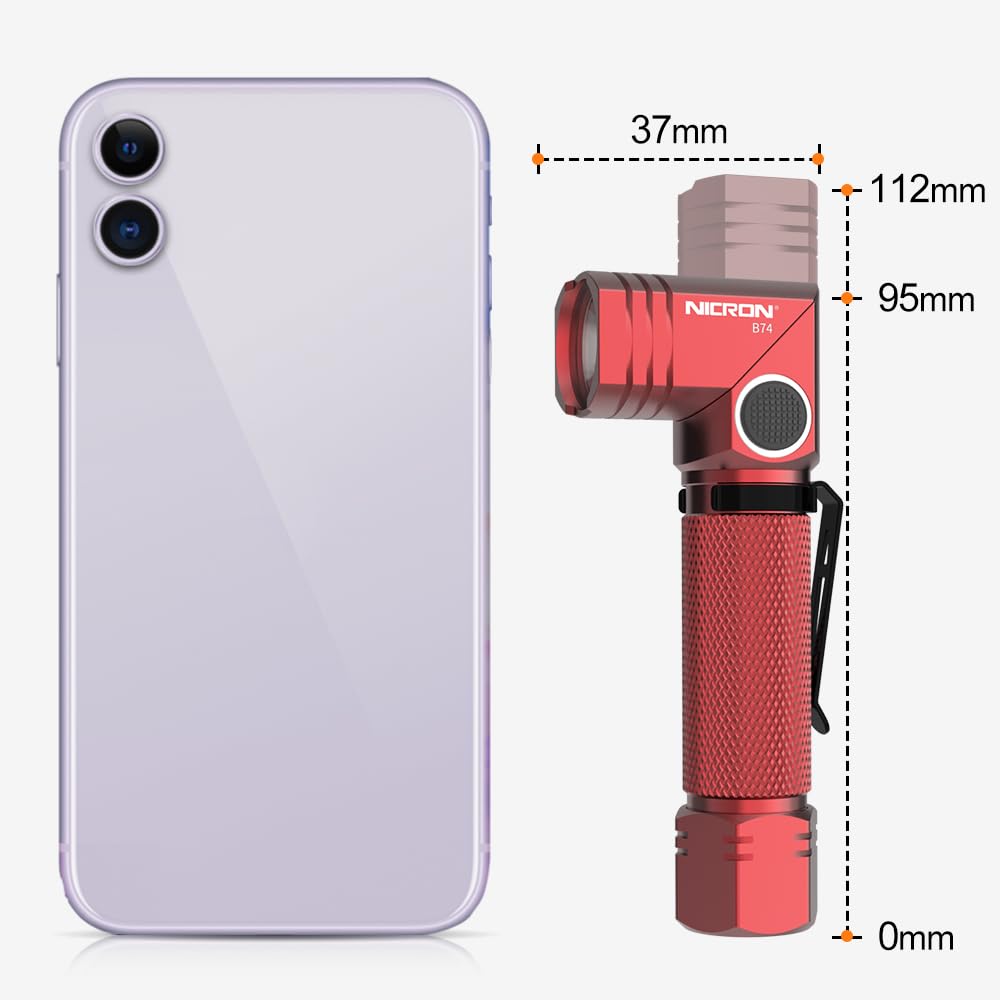 NICRON 700 Lumens 90° Rechargeable Pocket Flashlight, IP65 Waterproof, 5 Modes, LED Small Type - Red, Model B74-red