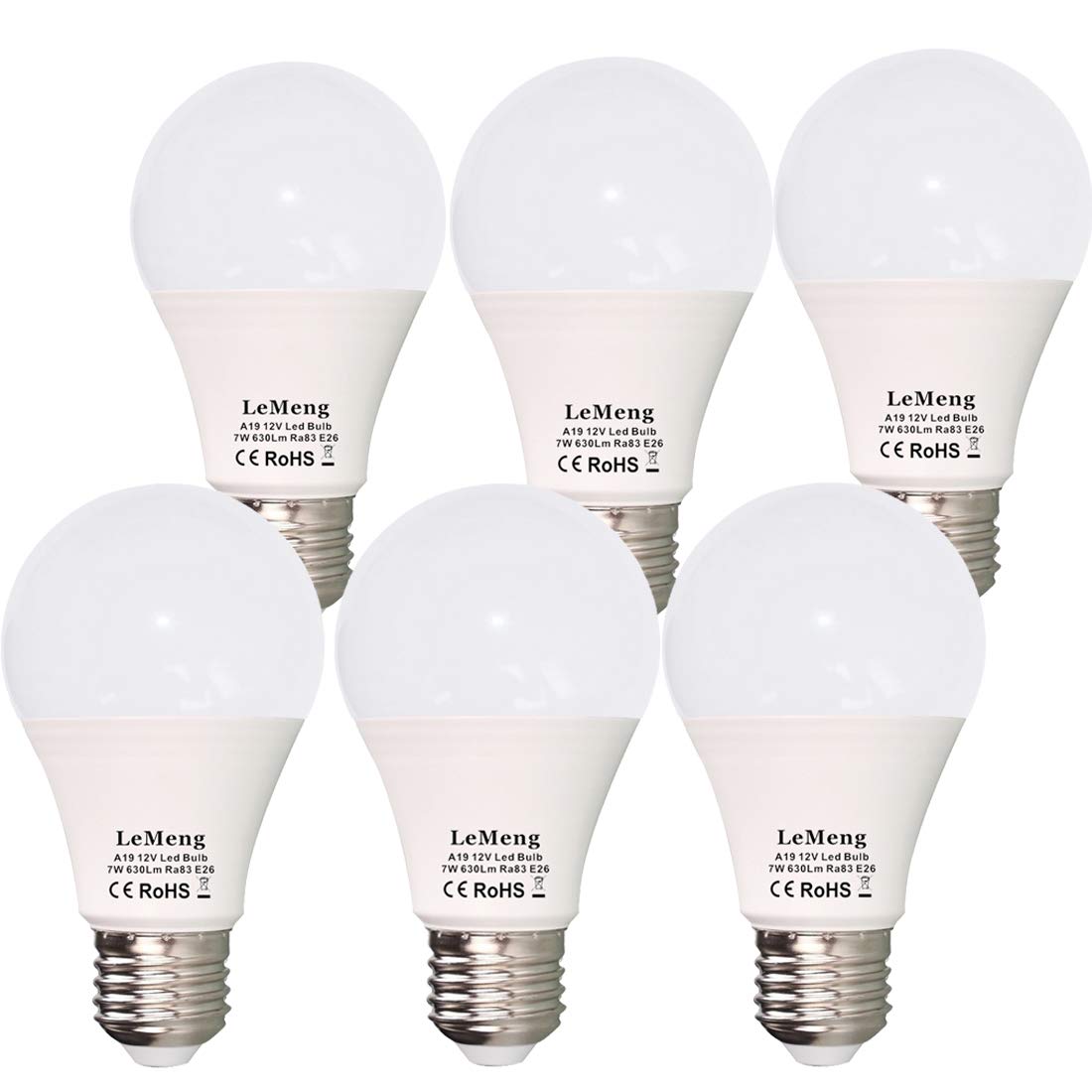 LEMENG 12V LED Light Bulb 7W 630Lm E26 Base 2700K Warm White Model VES1707, 6 Pack
