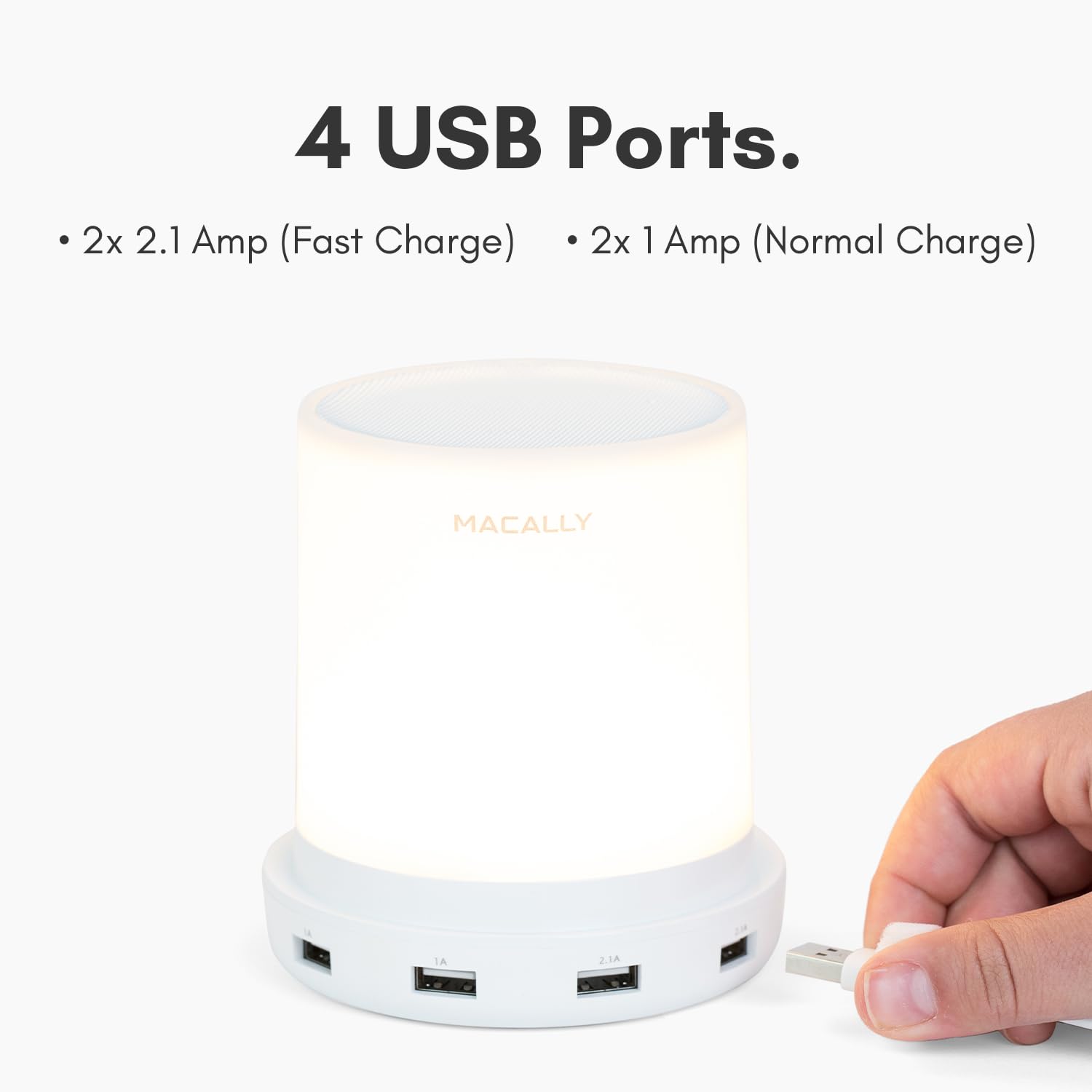 Macally Small Touch Lamp - 3 Way Dimmable Bedside Table Lamp with USB Port - White - Model LAMPCHARGE - Perfect for Small Spaces