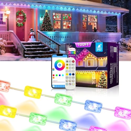 AHAWILL Outdoor RGB String Lights, IP67 Waterproof, 100ft, Smart Control, White, Model HCP045 for Halloween & Christmas Decor