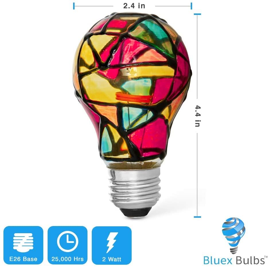 Bluex Bulbs Tiffany 4 Pack Stained Glass Light Bulbs - A19 2W E26 Base Mosaic Night & Party Light