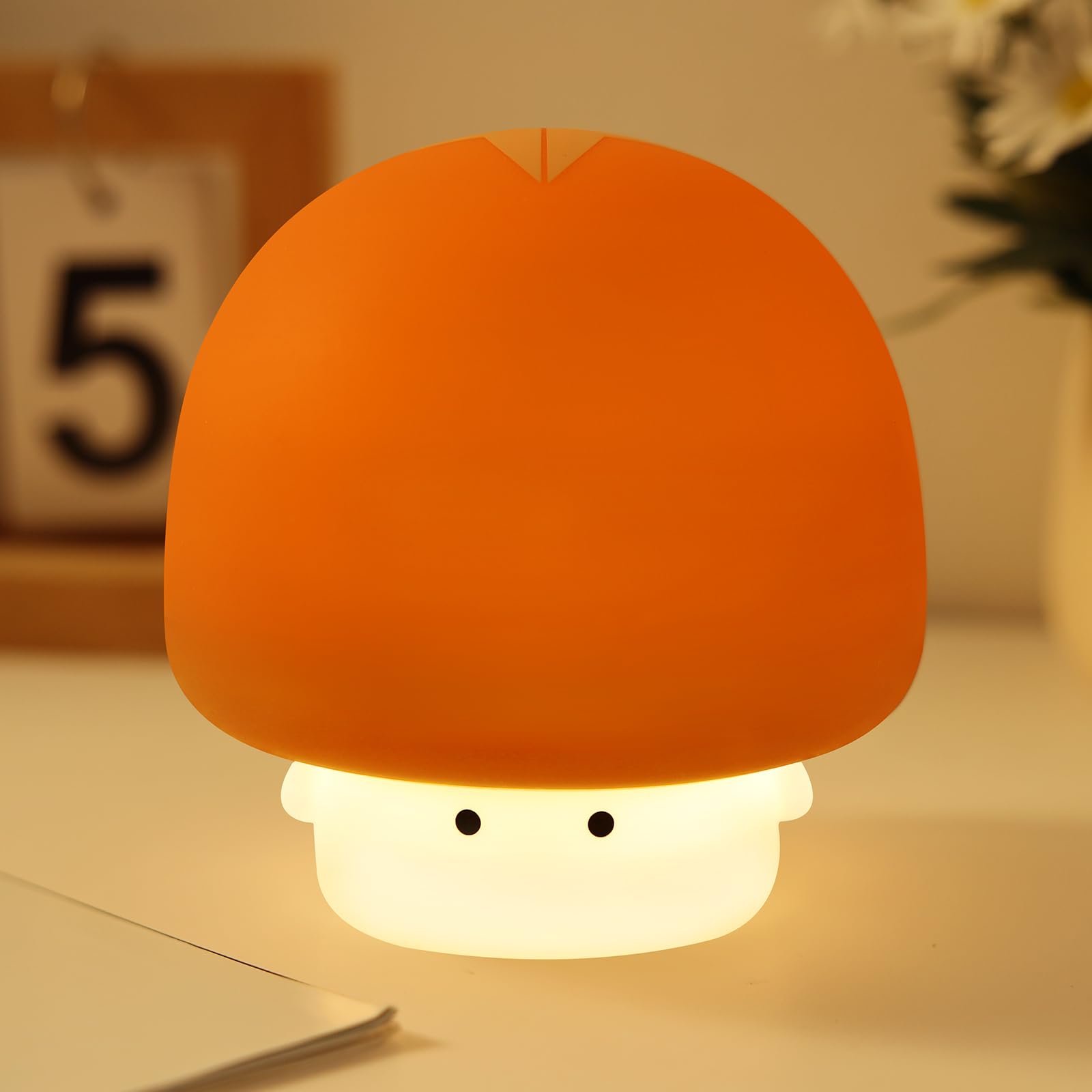 YISUN Mushroom Night Light, Rechargeable LED Lamp, 3 Level Dimmable, Cute Silicone, Brown, Model A021