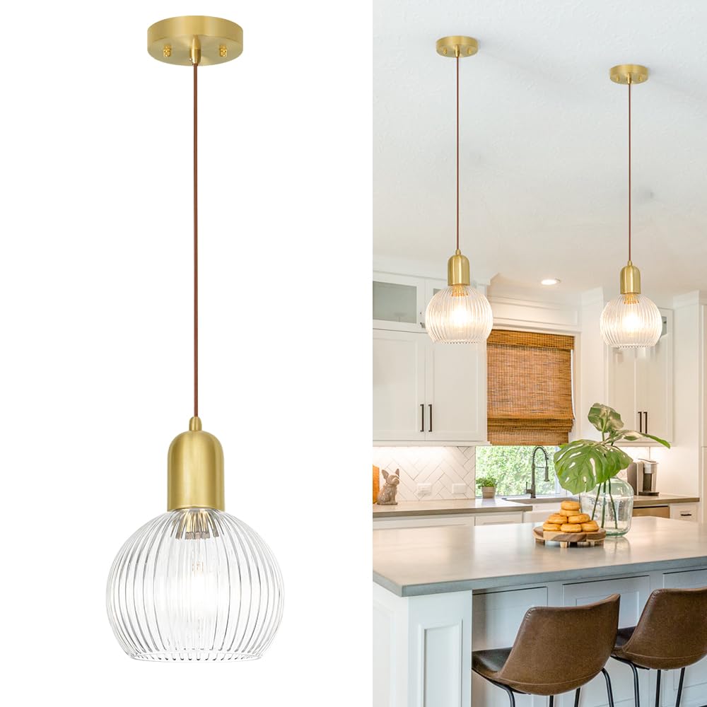 Modern Gold Pendant Lights Kitchen Island Lighting  Clear Glass Globe Pendant Light for Kitchen Adjustable 11.8-59 Brass Dining Room Hanging Light Fixture Vintage Ribbed Ceiling Pendant Light