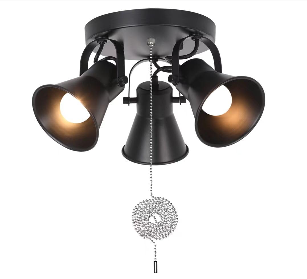 Seeblen 3-Light Industrial Track Lighting With Pull Chain On/Off Switch, Adjustable Round Kitchen Ceiling Light, Morden Black Fl