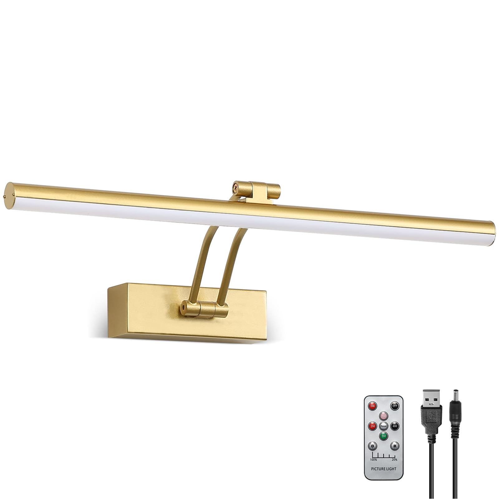 HOWMZON Wireless Picture Light, 5200mAh Battery Operated, Metal, 16in Gold, Model HW2300, Curved Arm for Wall Display