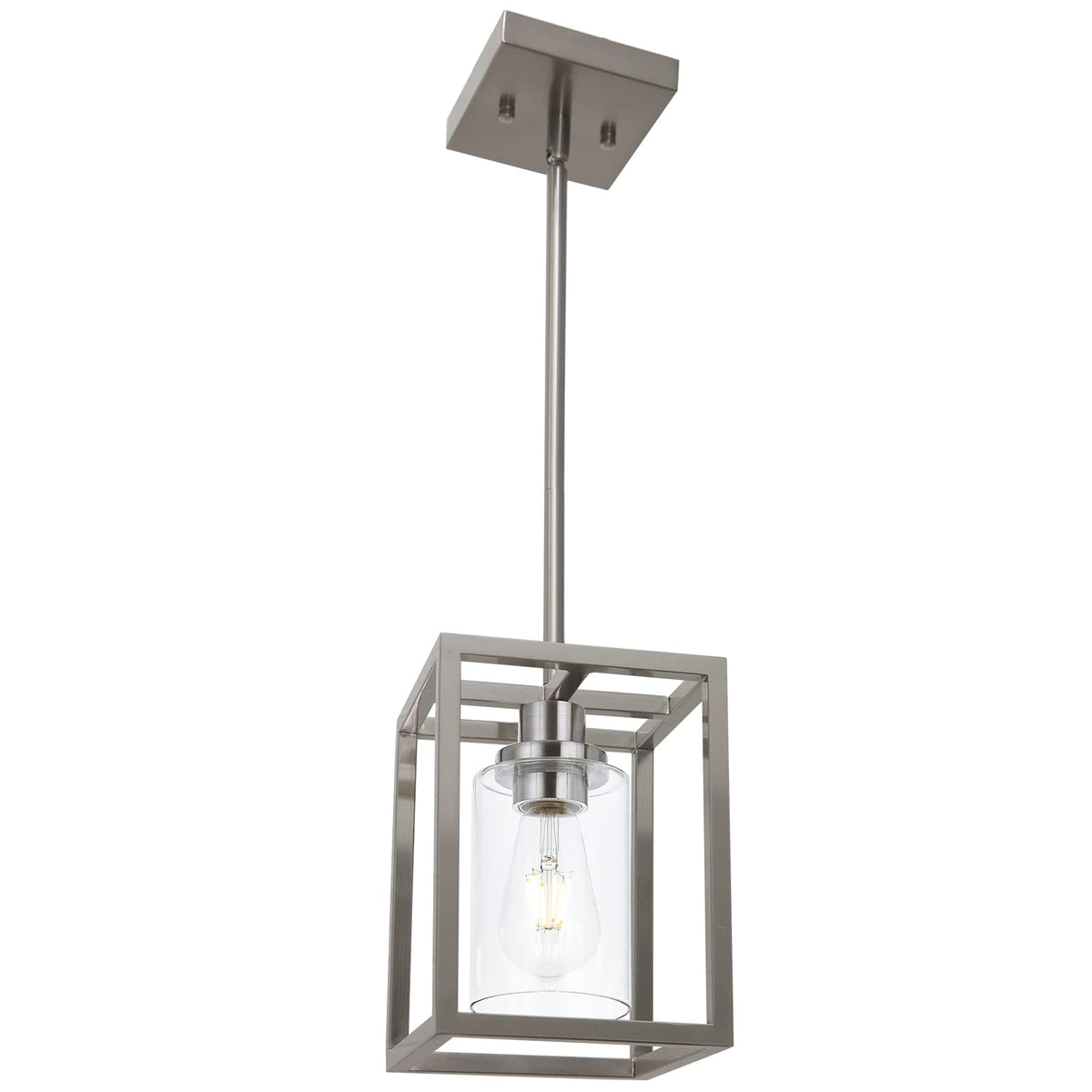 VINLUZ Contemporary Pendant Lighting,Single 1 Light Brushed Nickel Cage Hanging Light with Clear Glass Shade for Kitchen Island 