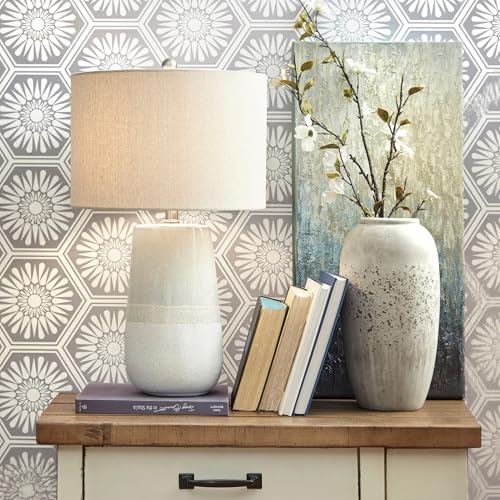 Signature Design By Ashley Shavon Table Lamp, 27 Textured Ceramic, Beige & White, Model L100724