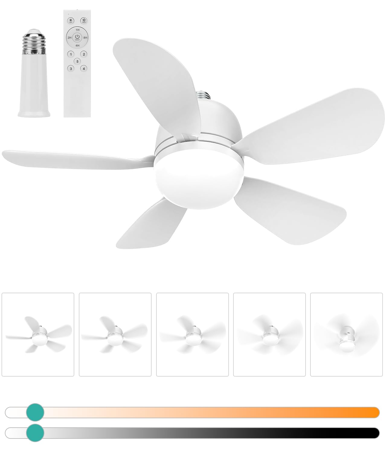 HK Socket Fan Light Small Ceiling Fan With Light and Remote, 20 Inch Screw-in for E26/E27 Base, 5 Speed Dimmable Mini for Bedroo
