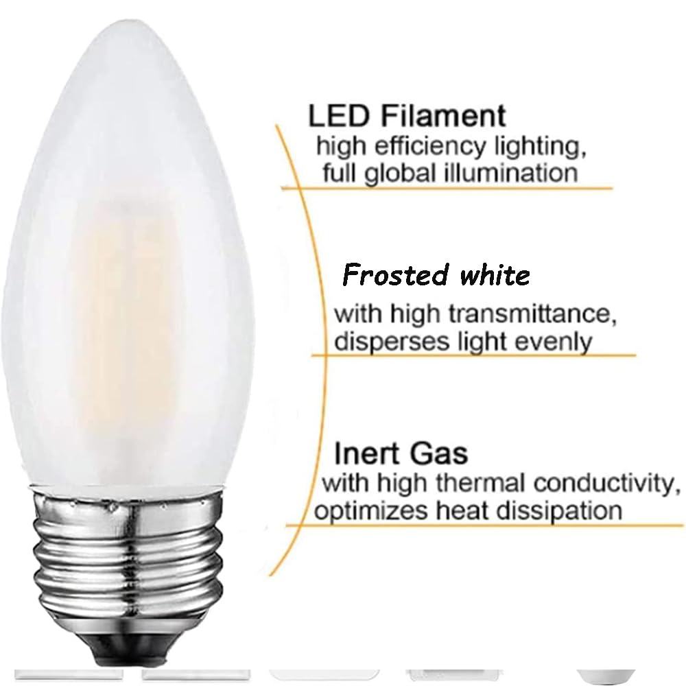 Jacqings E26 Candelabra Light Bulbs 2W LED Dimmable 2700K Warm White B11 Torpedo Tip Fog White (8 Pack)