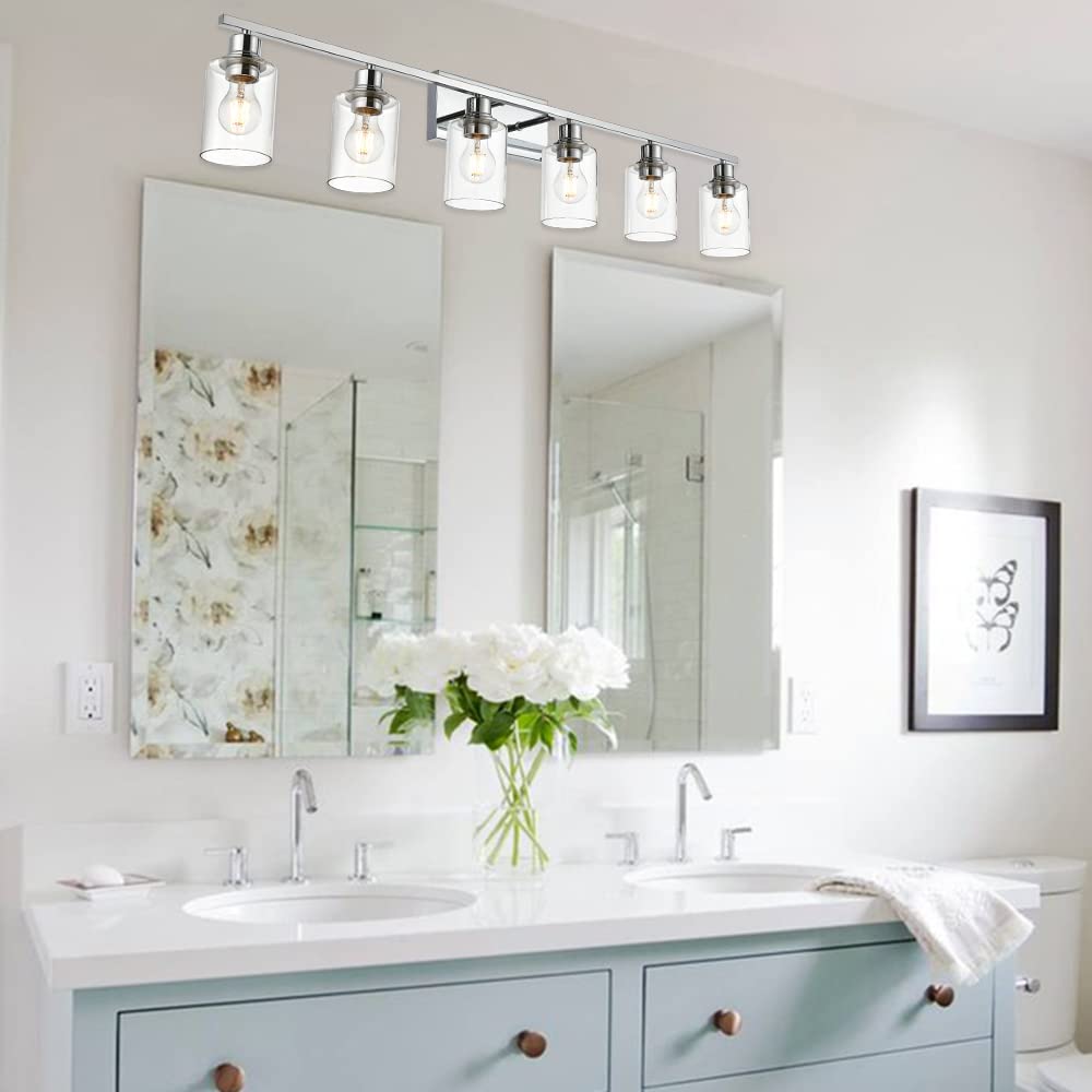 VINLUZ Bathroom Vanity Light Fixture, 6 Lights, Chrome Finish, Clear Glass Shade, Model cc0d4297-85a5-4b08-bbd2-a70658a4