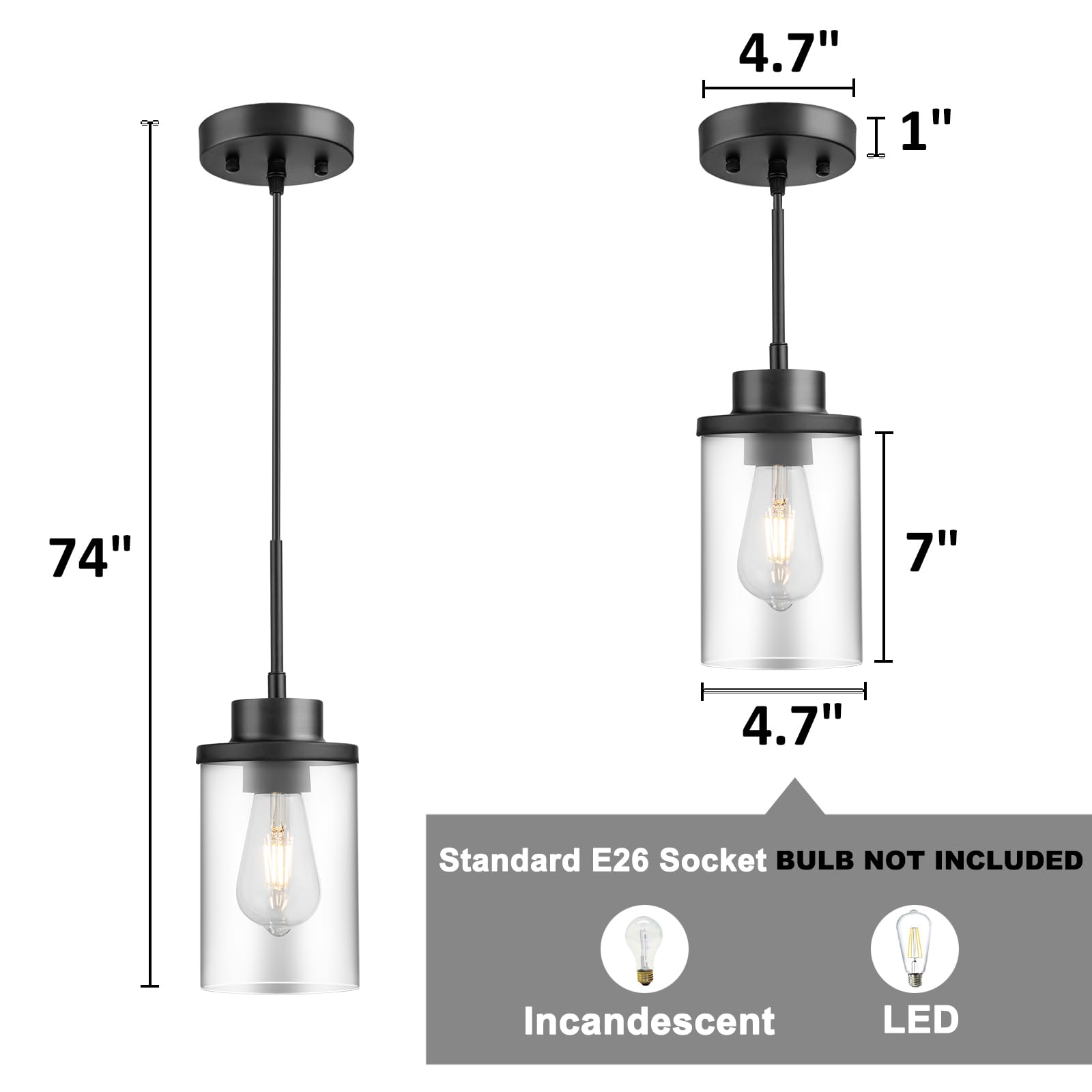 Dalivol Modern Black Farmhouse Clear Glass Cylinder Pendant Light Fixture,Ceiling Hanging Metal Industrial Mini Pendant Lighting