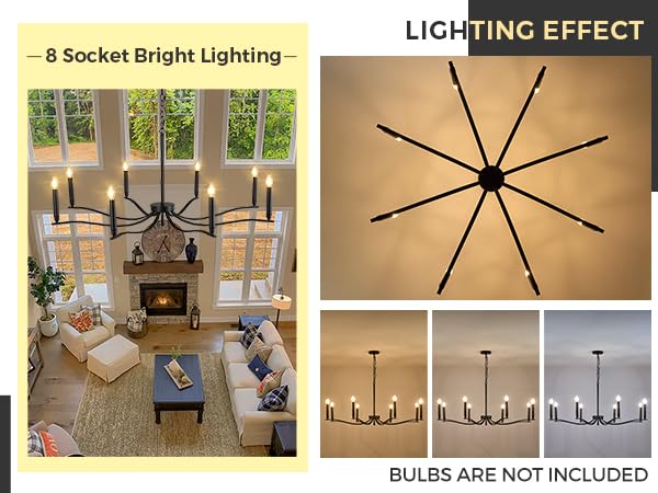 FookChak 8-Light Black Metal Chandelier, Modern Dining Room Fixture, 44in for Living Room, Entry, and Kitchen
