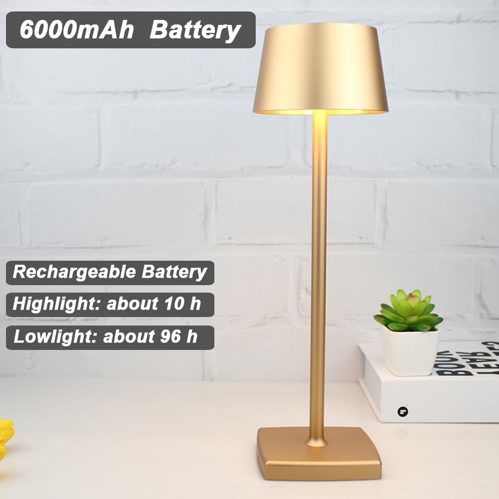 Seihoae Cordless Table Lamp - 6000mAh Rechargeable, IP54 Waterproof, Aluminum Alloy, Touch Dimming, 4W LED Warm Light, Gold