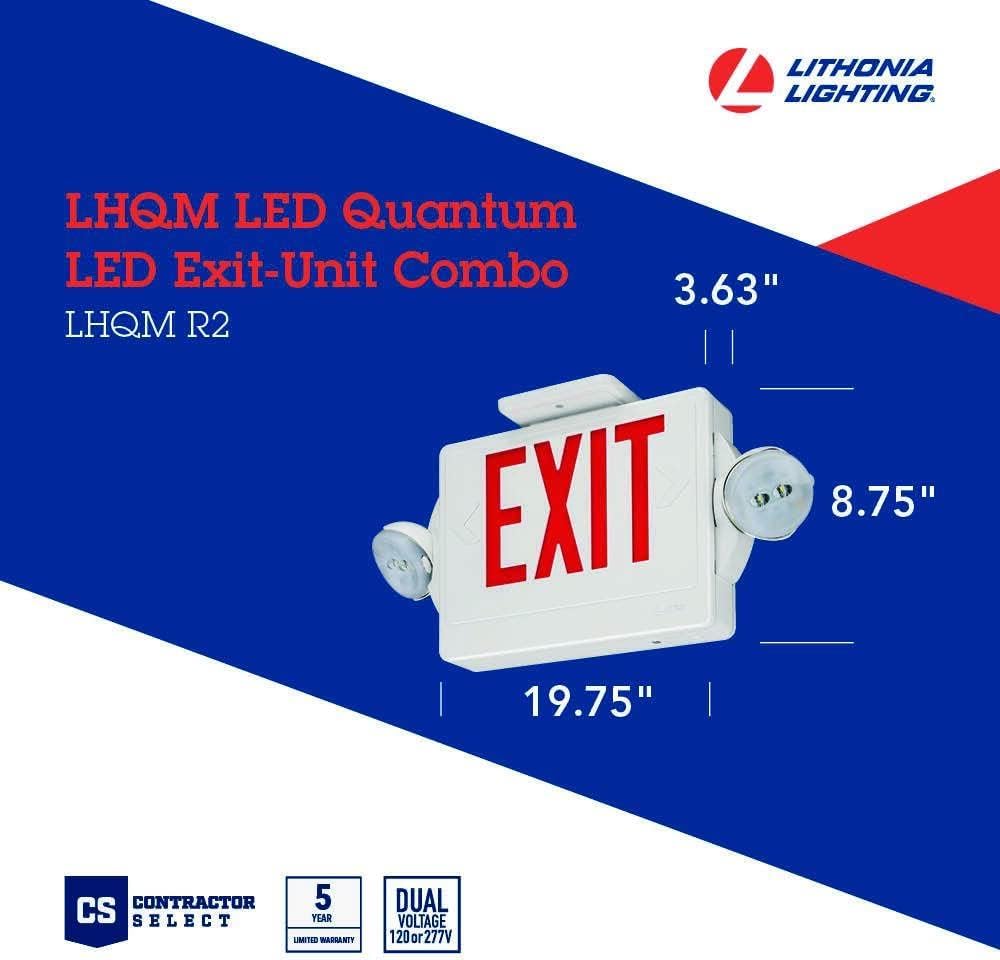 Lithonia Lighting Lhqm Led R Ho M6 Led Exit And Emergency Light Combo 2-Head Fixture, Red Letters And High Output Battery Backup