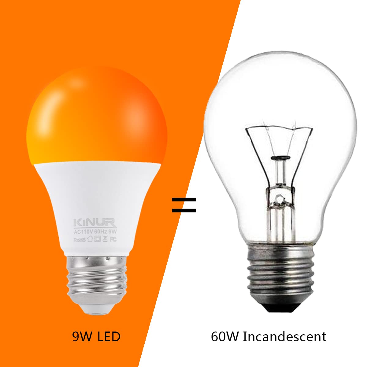 KINUR A19 Amber LED Light Bulbs 9W (60W Equivalent), Soft Warm Light, E26 Base, 1800K, 2 Pack - Ideal for Bedrooms and Nurseries