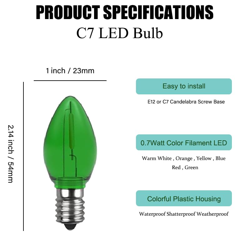 Venusop 2 Pack C7 Green Led Replacement Christmas Light Bulbs,E12 Candelabra Base, Shatterproof Plastic, For Christmas Outdoor S