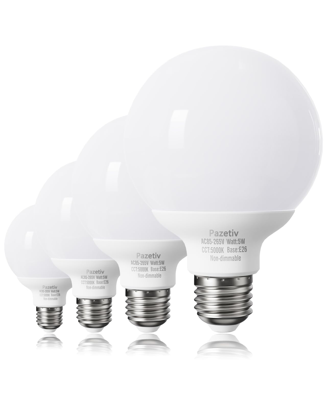 Pazetiv 4 Pack Daylight LED Globe Light Bulbs for Bathroom, 120V 60 watt Equivalent, E26 Medium Base, Non-Dimmable Vanity Light 