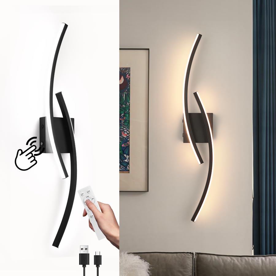 Sovinzert Wall Sconce, 15000mAh Battery Operated, Remote Control, 3000K-6000K LED, Aluminum, Black, 39.3 Inch