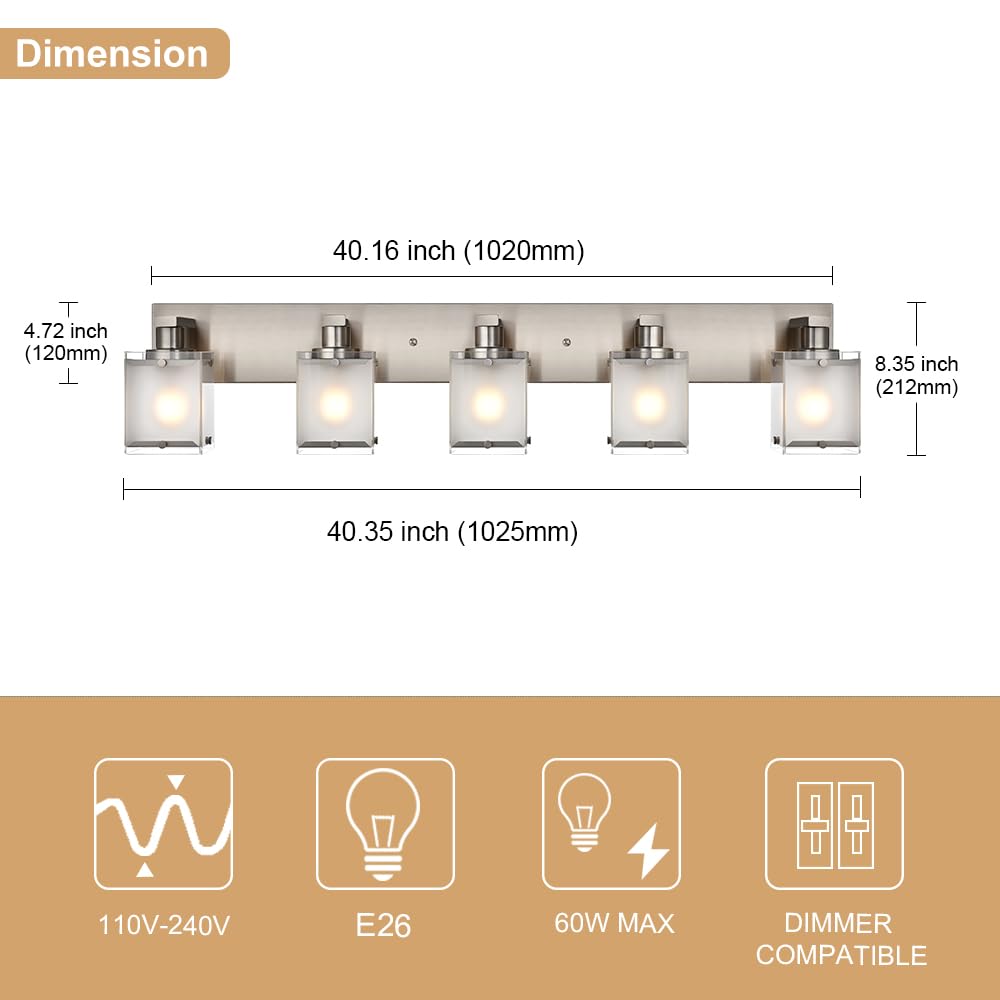 WINSHEN 5-Lights Bathroom Vanity Light Fixture, Modern Brushed Nickel Sconce with Frosted Glass Shades, E26 Bulb Base, Model 5WSN-XOTFZO