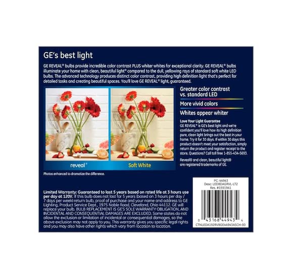 Ge Lighting Ge Reveal Led Light Bulbs, 2X Life, 8 Watt (60 Equivalent) Hd+ Light, Standard Bulb Shape, Medium Base, Dimmable (2