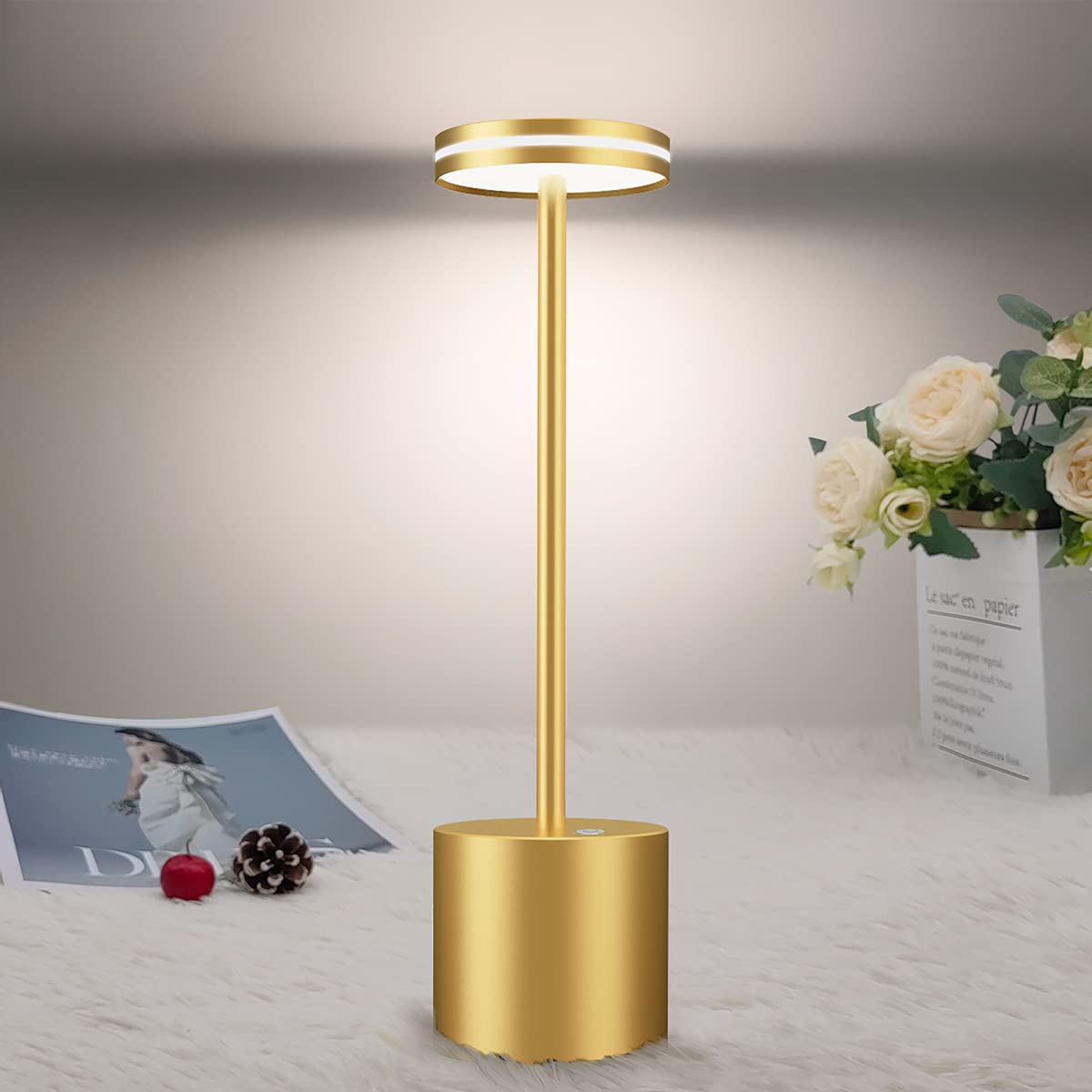 Bravzurg Cordless Table Lamp, 5000Mah, Dimmable, Metal, Wireless Led Light, Gold, Model S804
