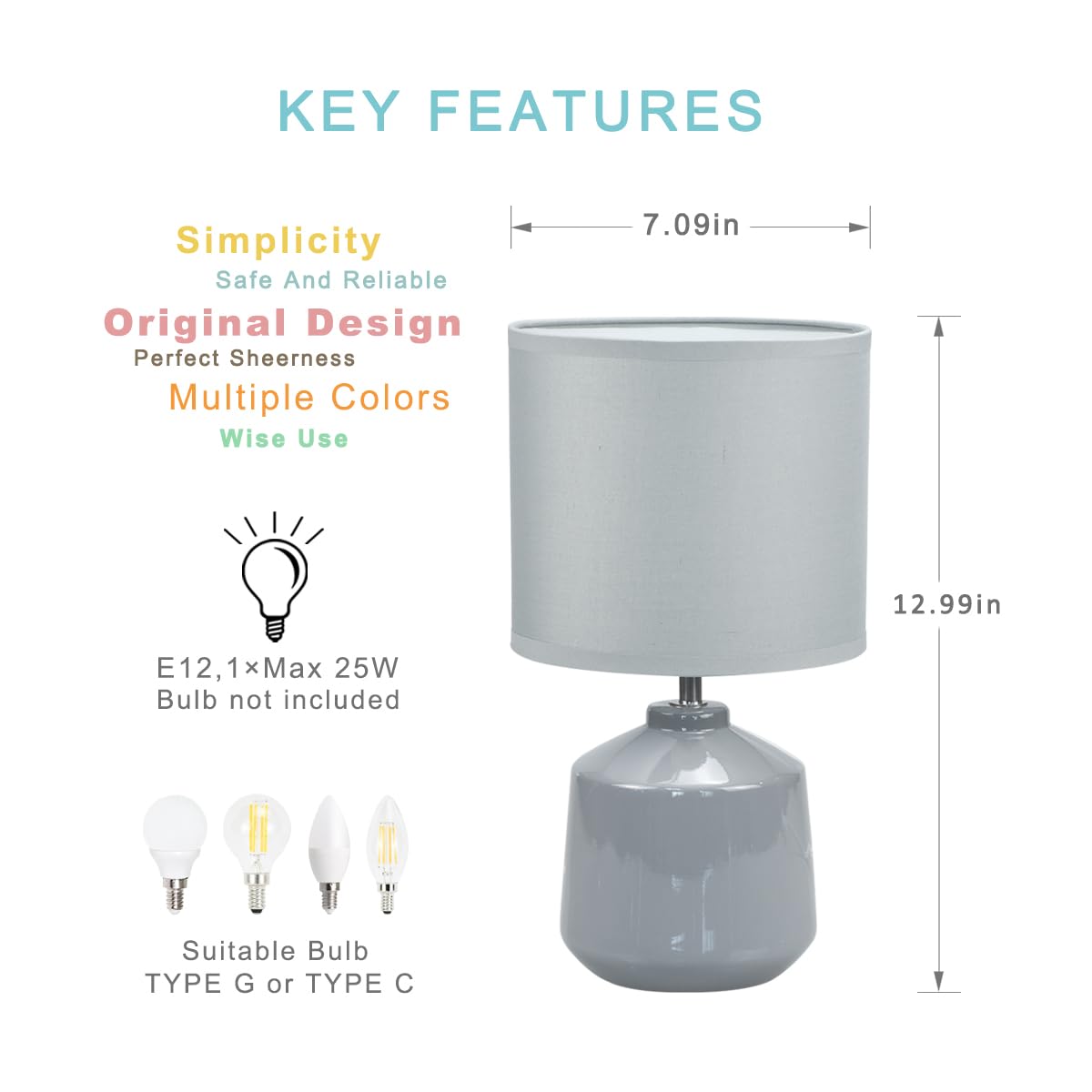 Lampwell Lena Modern Ceramic Bedside Table Lamp, Grey, 7.09H12.99In, Bulb Excluded