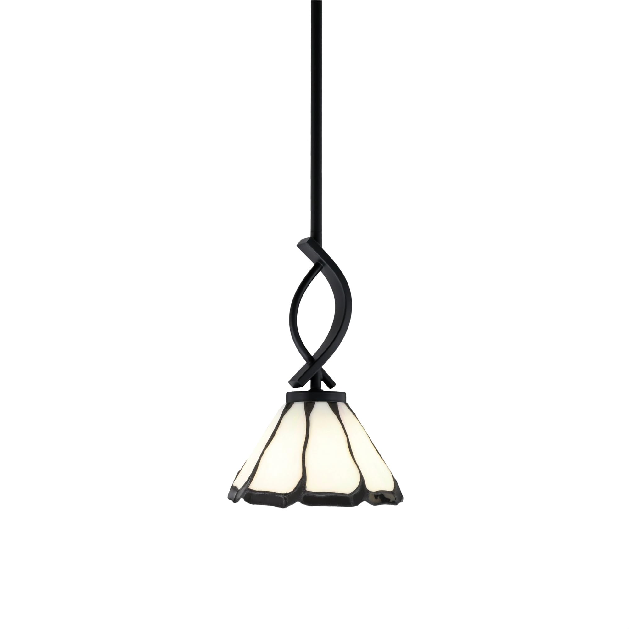Cavella 1 Light Stem Mini Pendant Shown in Matte Black Finish with 7" Pearl & Black Flair Art Glass