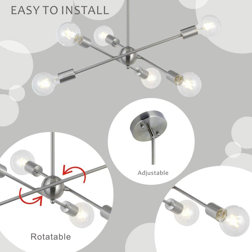 BONLICHT Sputnik Chandelier 6 Lights Modern Pendant Brushed Nickel Metal Fixture Model 3003-6SN