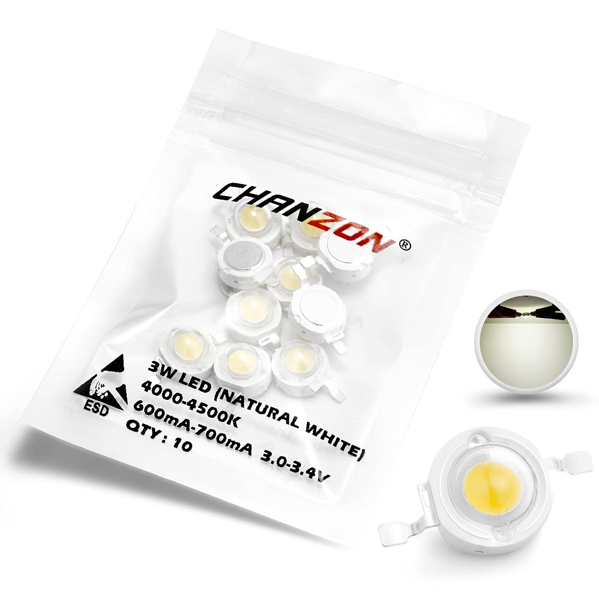 Chanzon 10 Pcs High Power Led Chip 3W Natural White (4000K - 4500K / 600Ma - 700Ma / Dc 3V - 3.4V / 3 Watt) Super Bright Intensi