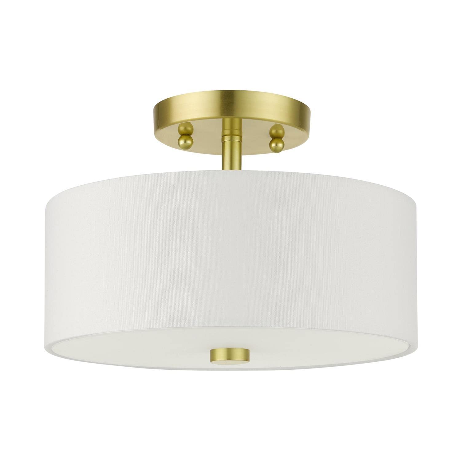 Livex Lighting 51052-12 Meridian Collection 2-Light Semi Flush Mount Ceiling Light With Off-White Hardback Fabric Shade, Satin Brass, 11 X 11 X 7.75