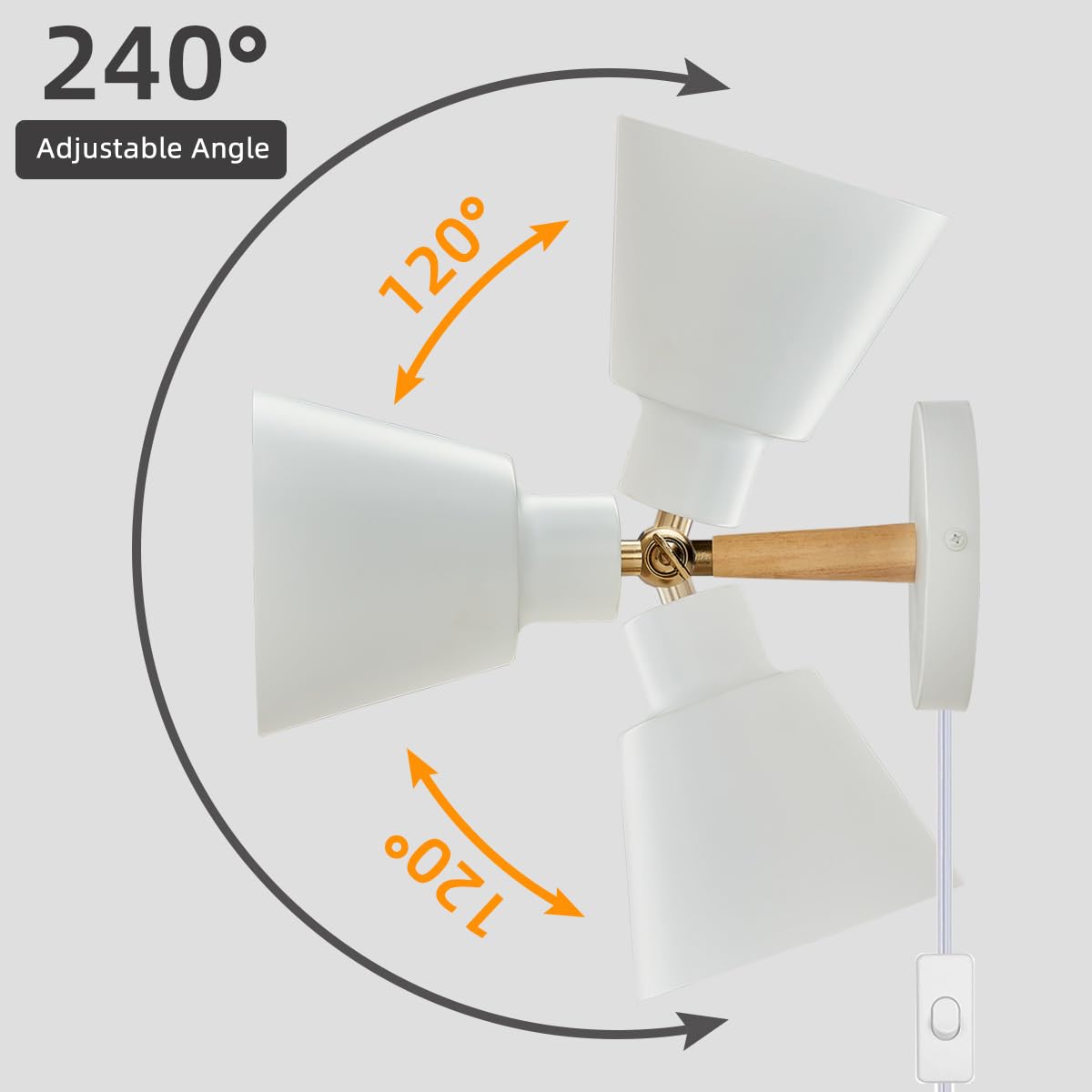 Clankin Wall Sconces Lighting Set Of 2, White Bedside Lamps With 1.8M Plug-In Cord
