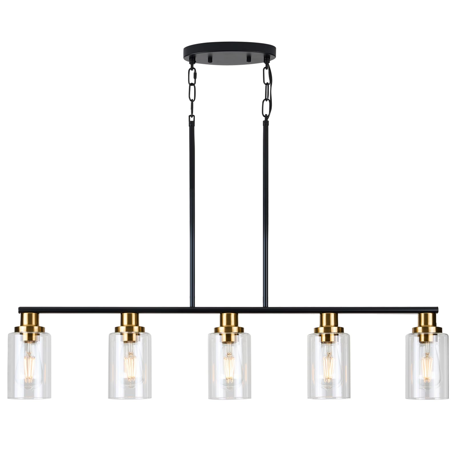 Kpiok Dining Room Light Fixture,5-Light Farmhouse Linear Chandeliers For Dining Room Over Table,Matte Black And Gold Finish Kitchen Island Pendant Lighting For Kitchen Island,Pool Table Light