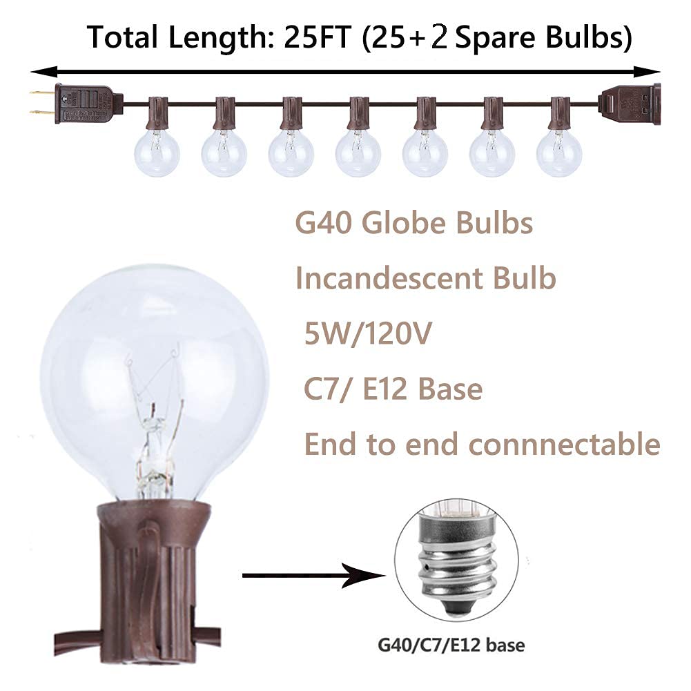 GOOTHY Outdoor String Lights, 25FT Connectable Globe Lights with 27 G40 Clear Bulbs, Brown