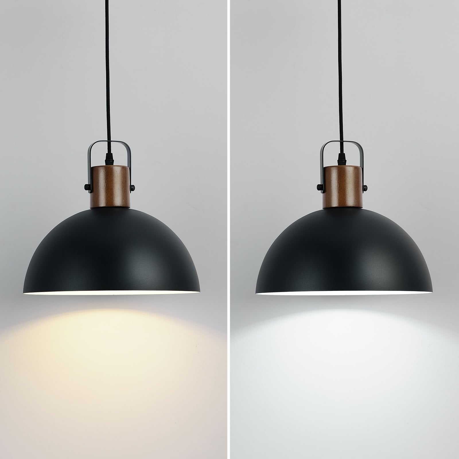 Eustace 11.8'' Wood And Metal Black Pendant Light Fixtures, Modern Farmhouse Pendant Lamp, Industrial Dome Hanging Lights For Ki