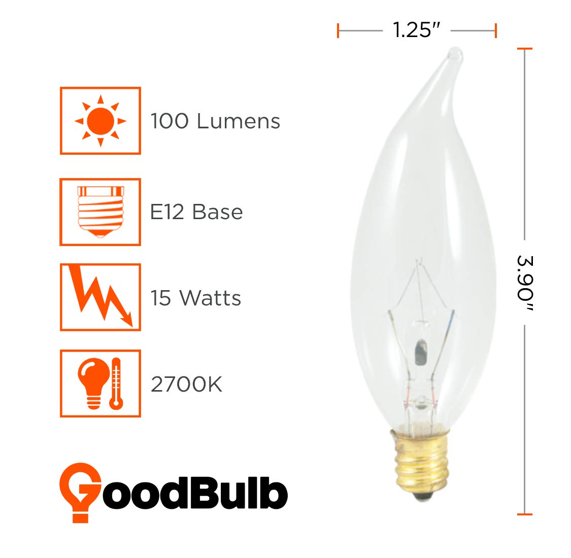 GoodBulb 15-Watt Incandescent Flame Tip Light Bulbs, Dimmable, 100 Lumens, 12 Count, Clear Flame Finish