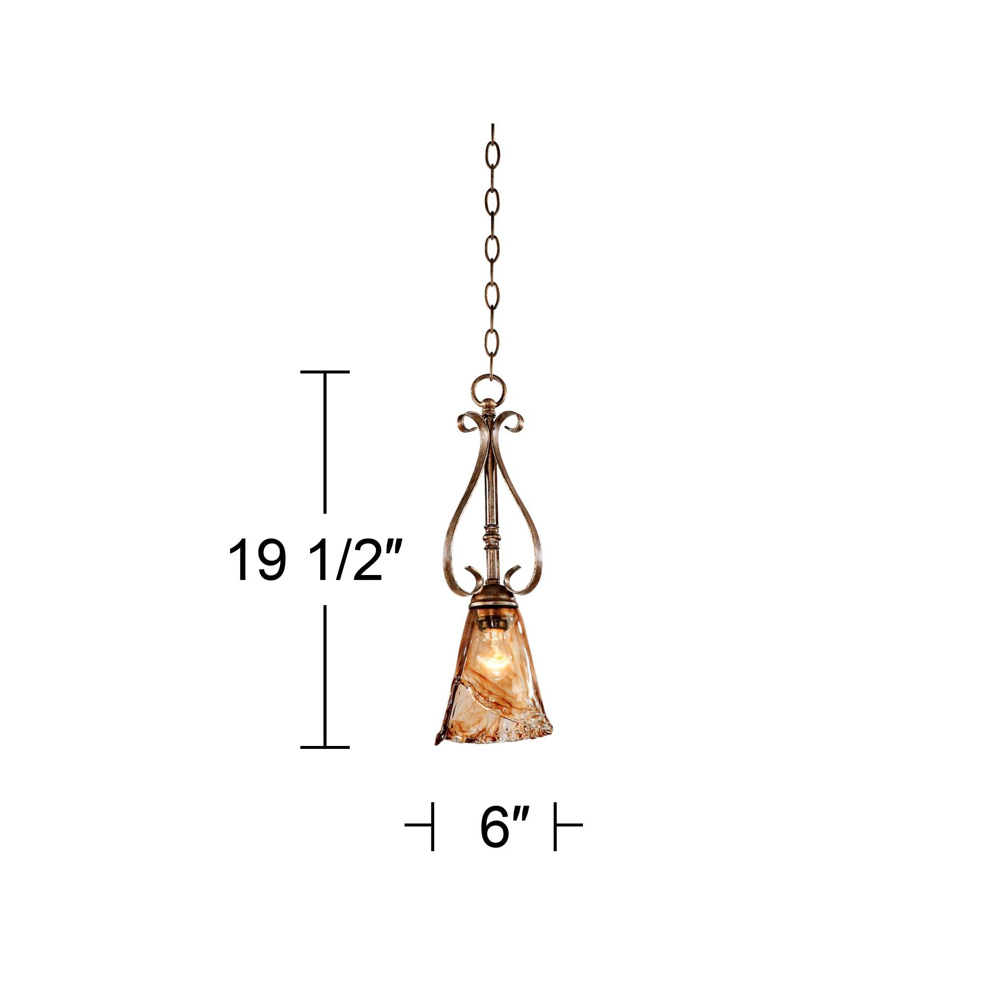 Franklin Iron Works Mini Pendant Lighting Fixture, Amber Scroll Art Glass, 6in Wide, Golden Bronze, Model 66225, Rustic Farmhouse Style