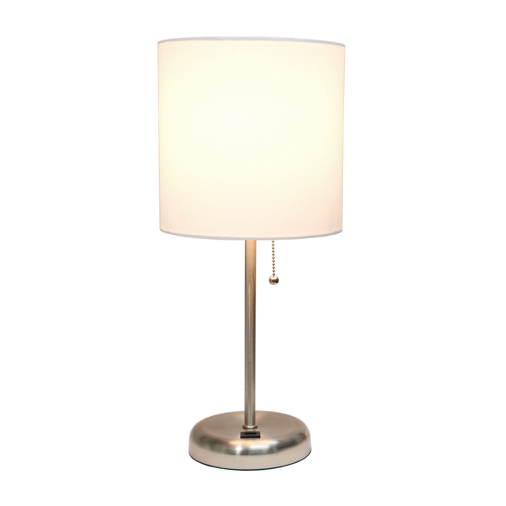 Creekwood Home Oslo 19.5" Contemporary Bedside Usb Port Feature Standard Metal Table Desk Lamp In Brushed Steel With White Drum Fabric Shade